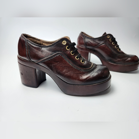 Vintage Burgundy Platform Chunky Heels Oxford‎ Style...